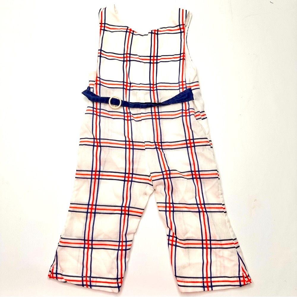 VTG 60s Boys Jumper Toddler Baby Red White Blue Patriotic Plaid Buttons Belt 24m